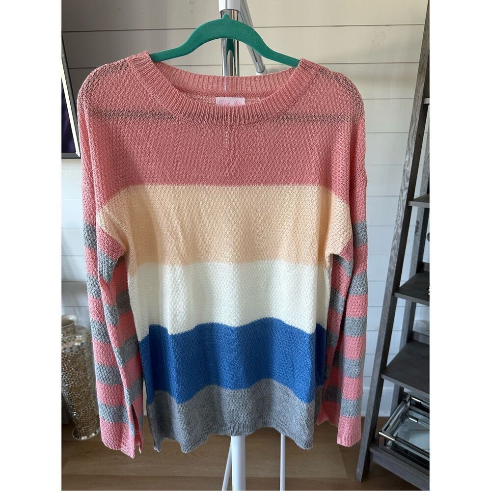 Pink Lily lightweight color block spring color crewneck sweater Womens small Pea